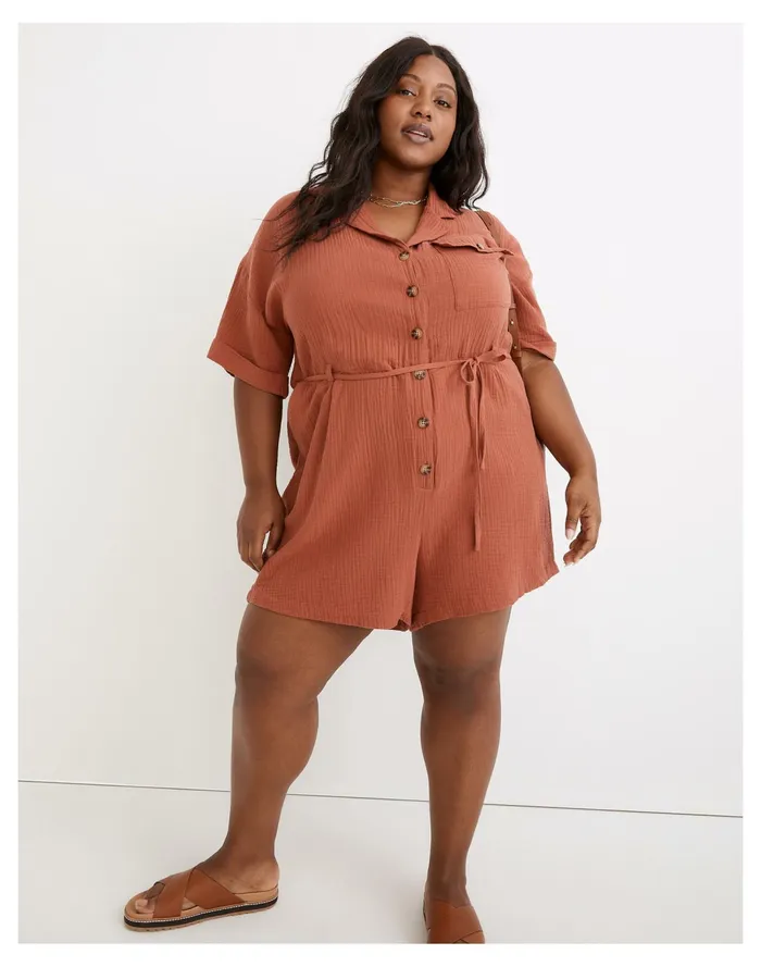 Women Plus Lightspun Belted Safari Romper Weathered Brick Madewell Jumpsuits and Overalls Women Plus Lightspun Belted Safari Romper Weathered Brick Madewell Jumpsuits and Overalls