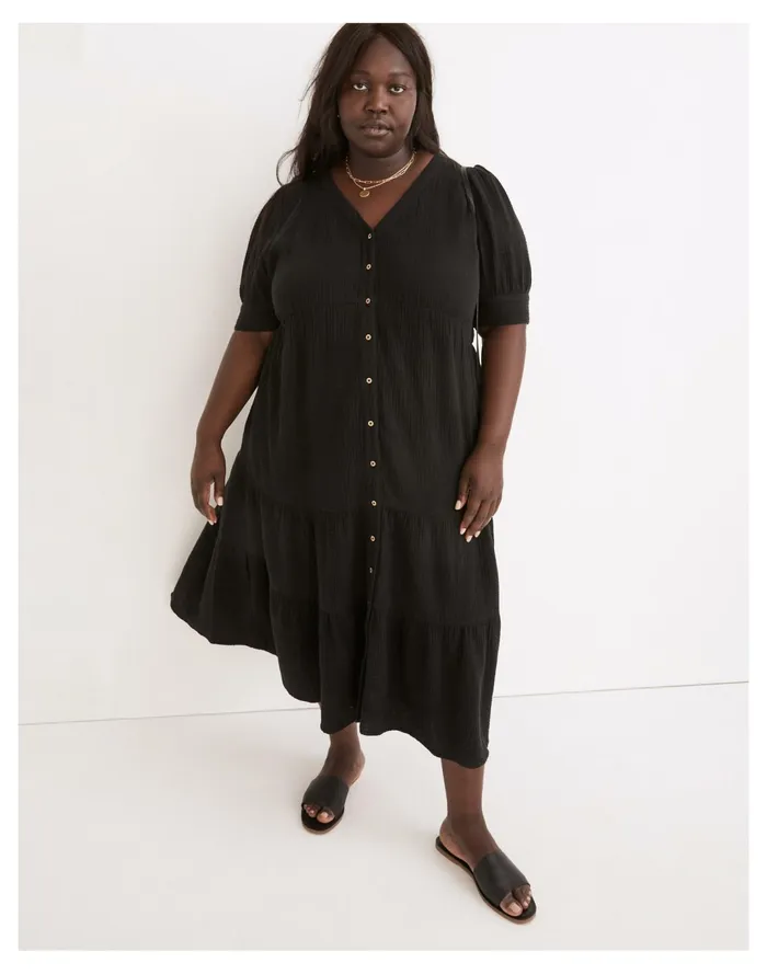 Women Plus Lightspun Button Front Tiered Midi Dress True Black Madewell Dresses