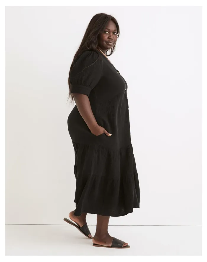 Women Plus Lightspun Button Front Tiered Midi Dress True Black Madewell Dresses Women Plus Lightspun Button Front Tiered Midi Dress True Black Madewell Dresses