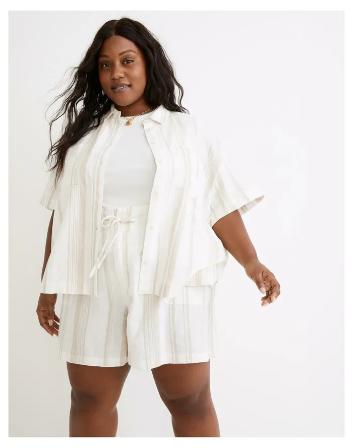 Women Plus Linen Blend Short Sleeve Safari Shirt Natural Madewell Tops and Shirts