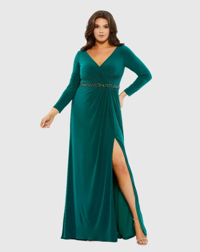 Women Plus Size Dresses Mac Duggal Beaded Belt Jersey Faux Wrap Long Sleeve Gown Emerald Women Plus Size Dresses Mac Duggal Beaded Belt Jersey Faux Wrap Long Sleeve Gown Emerald