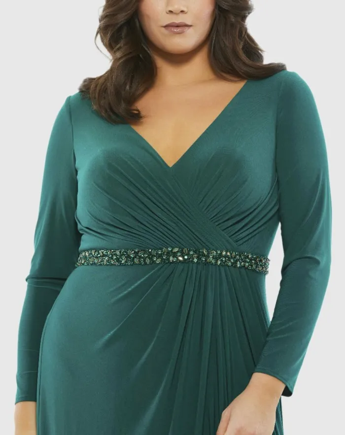 Women Plus Size Dresses Mac Duggal Beaded Belt Jersey Faux Wrap Long Sleeve Gown Emerald