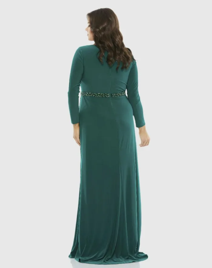 Women Plus Size Dresses Mac Duggal Beaded Belt Jersey Faux Wrap Long Sleeve Gown Emerald