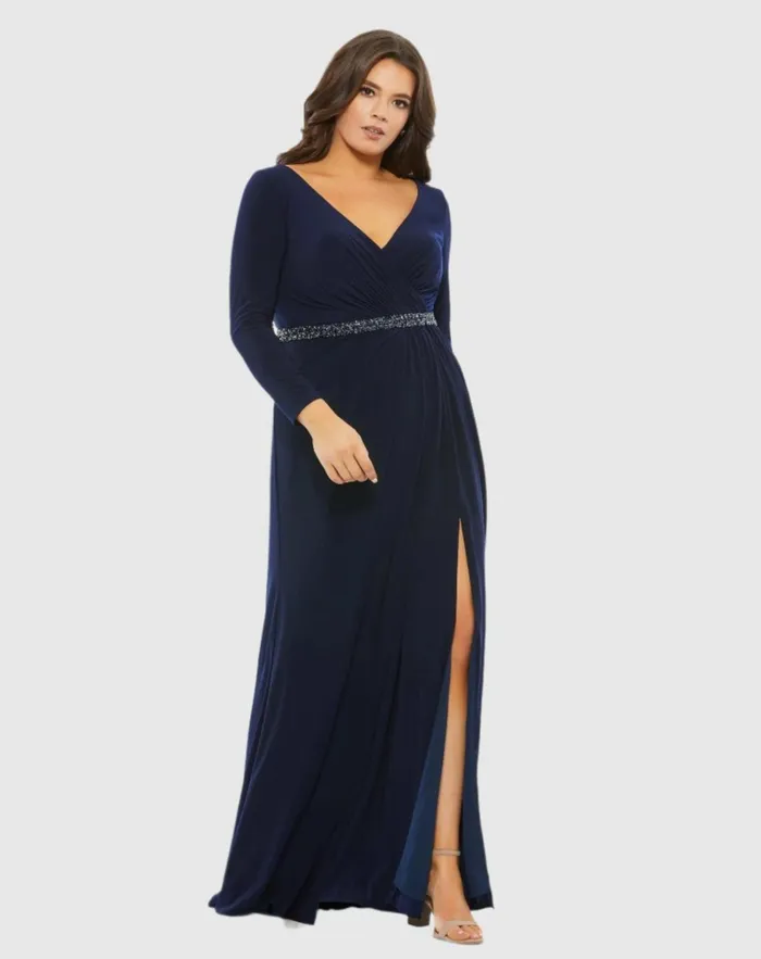 Women Plus Size Dresses Mac Duggal Beaded Belt Jersey Faux Wrap Long Sleeve Gown Emerald