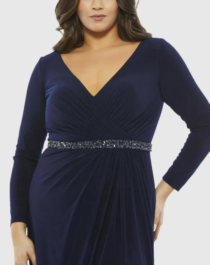Women Plus Size Dresses Mac Duggal Beaded Belt Jersey Faux Wrap Long Sleeve Gown Emerald