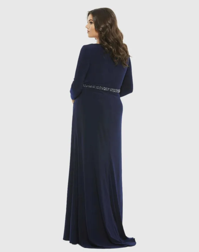 Women Plus Size Dresses Mac Duggal Beaded Belt Jersey Faux Wrap Long Sleeve Gown Emerald