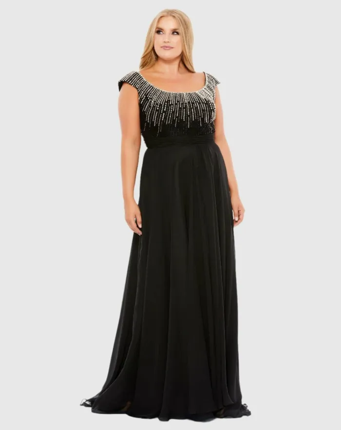Women Plus Size Dresses Mac Duggal Beaded Cap Sleeve A Line Gown Plus Black