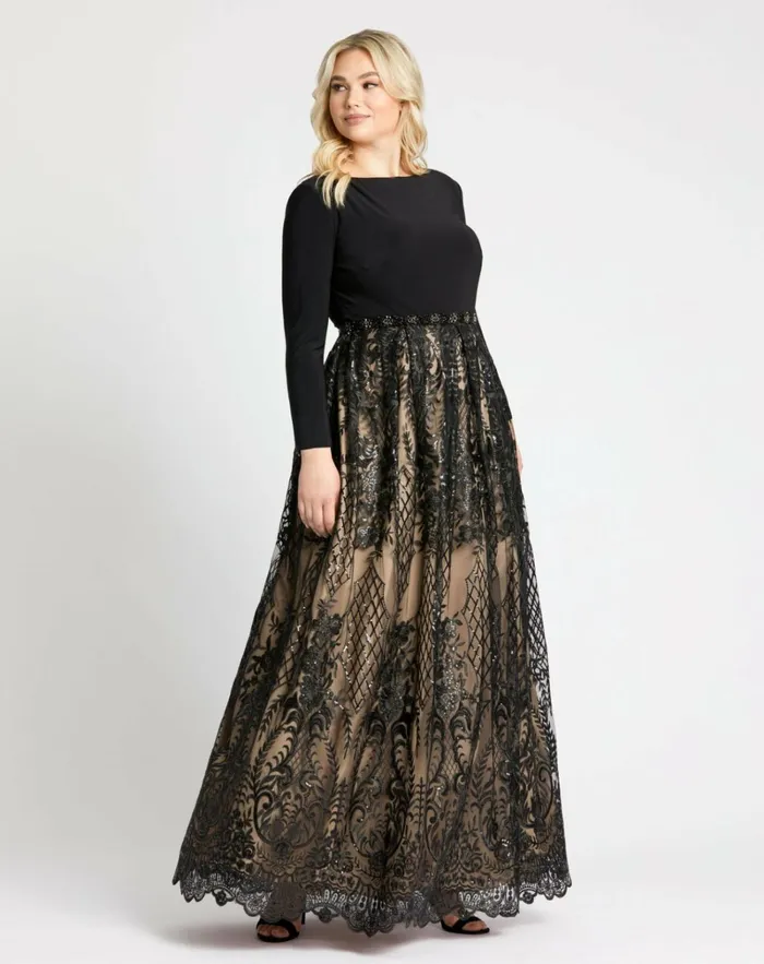 Women Plus Size Dresses Mac Duggal Long Sleeve High Neck Lace A Line Gown 8211 FINAL SALE Black Nude Women Plus Size Dresses Mac Duggal Long Sleeve High Neck Lace A Line Gown 8211 FINAL SALE Black Nude