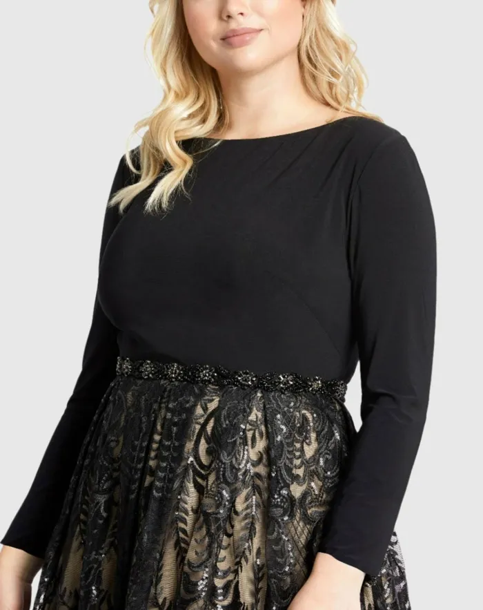 Women Plus Size Dresses Mac Duggal Long Sleeve High Neck Lace A Line Gown 8211 FINAL SALE Black Nude Women Plus Size Dresses Mac Duggal Long Sleeve High Neck Lace A Line Gown 8211 FINAL SALE Black Nude