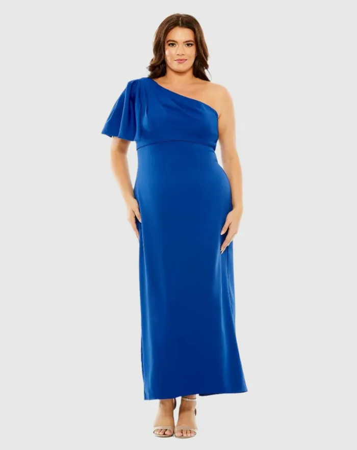 Women Plus Size Dresses Mac Duggal One Shoulder Tea Length Crepe Dress Plus 8211 FINAL SALE Cobalt Women Plus Size Dresses Mac Duggal One Shoulder Tea Length Crepe Dress Plus 8211 FINAL SALE Cobalt