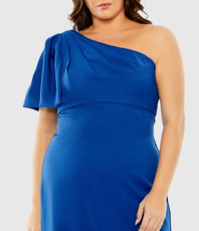 Women Plus Size Dresses Mac Duggal One Shoulder Tea Length Crepe Dress Plus 8211 FINAL SALE Cobalt