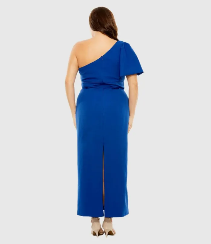 Women Plus Size Dresses Mac Duggal One Shoulder Tea Length Crepe Dress Plus 8211 FINAL SALE Cobalt