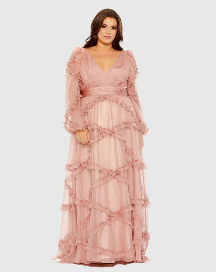 Women Plus Size Dresses Mac Duggal Pink V Neck Ruffle Tiered Puff Sleeve Gown Dusty Rose Women Plus Size Dresses Mac Duggal Pink V Neck Ruffle Tiered Puff Sleeve Gown Dusty Rose