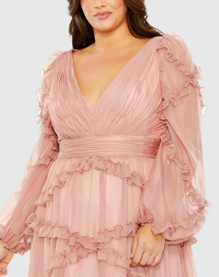 Women Plus Size Dresses Mac Duggal Pink V Neck Ruffle Tiered Puff Sleeve Gown Dusty Rose