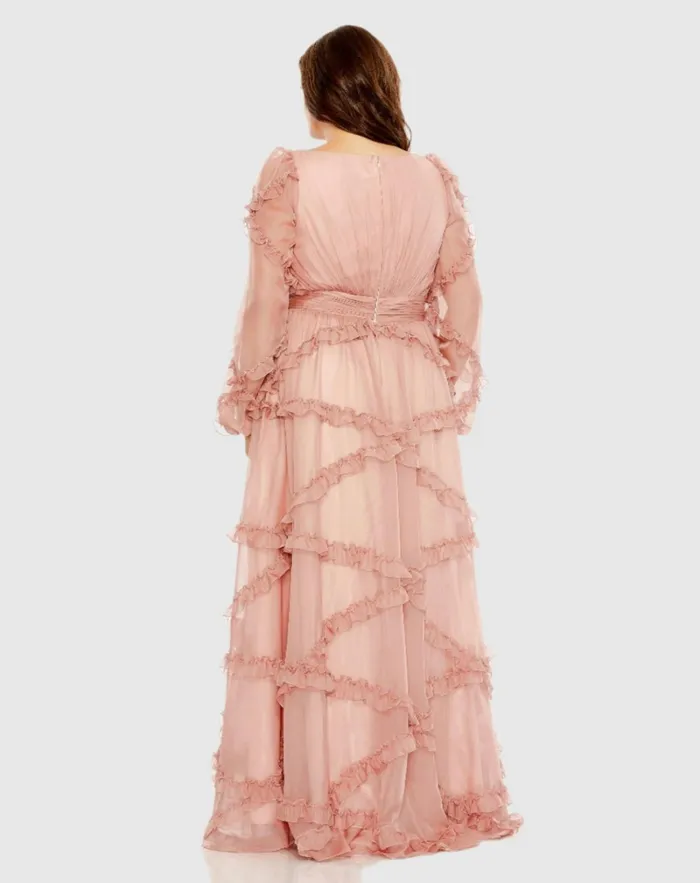 Women Plus Size Dresses Mac Duggal Pink V Neck Ruffle Tiered Puff Sleeve Gown Dusty Rose