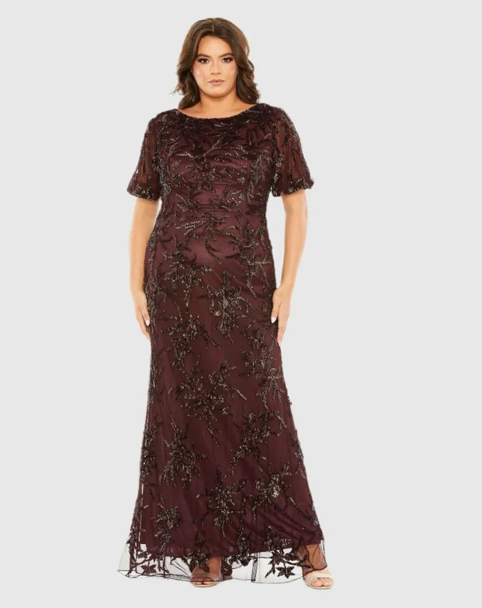 Women Plus Size Dresses Mac Duggal Puff Short Sleeve Embellished Dress Mahogany