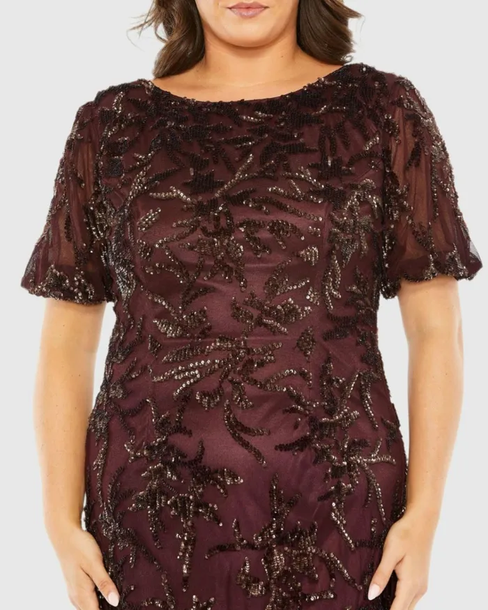 Women Plus Size Dresses Mac Duggal Puff Short Sleeve Embellished Dress Mahogany Women Plus Size Dresses Mac Duggal Puff Short Sleeve Embellished Dress Mahogany