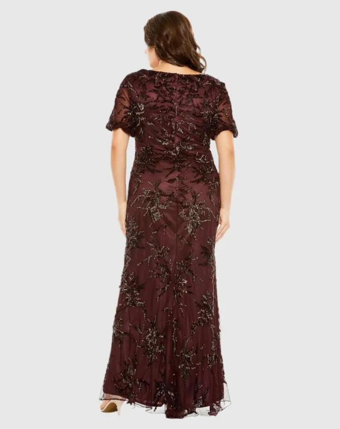 Women Plus Size Dresses Mac Duggal Puff Short Sleeve Embellished Dress Mahogany Women Plus Size Dresses Mac Duggal Puff Short Sleeve Embellished Dress Mahogany