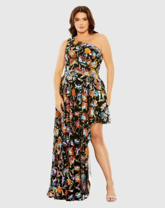 Women Plus Size Dresses Mac Duggal Sequin Embellished One Shoulder Asymmetrical Gown Black Multi Women Plus Size Dresses Mac Duggal Sequin Embellished One Shoulder Asymmetrical Gown Black Multi