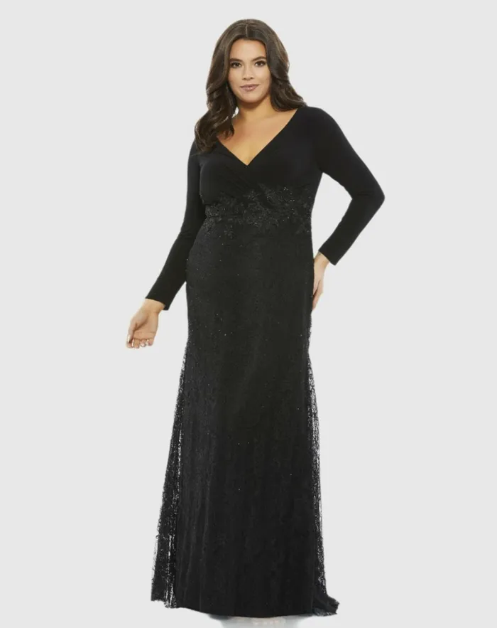 Women Plus Size Dresses Mac Duggal WrapOver Long Sleeve Lace Applique Trumpet Gown Plus Black