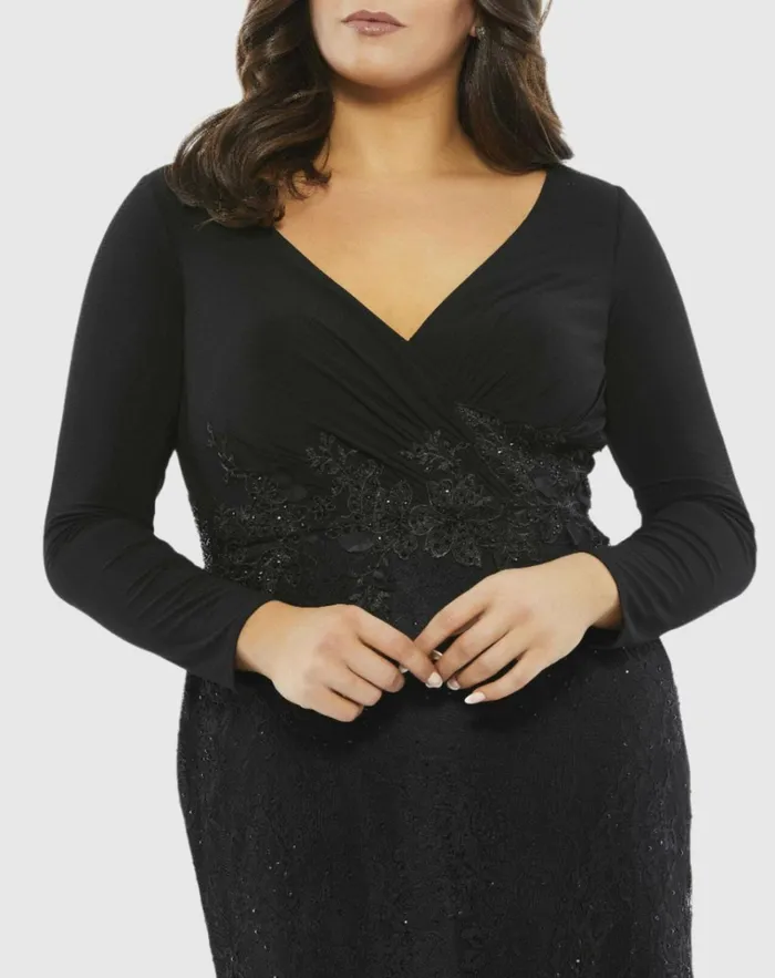 Women Plus Size Dresses Mac Duggal WrapOver Long Sleeve Lace Applique Trumpet Gown Plus Black