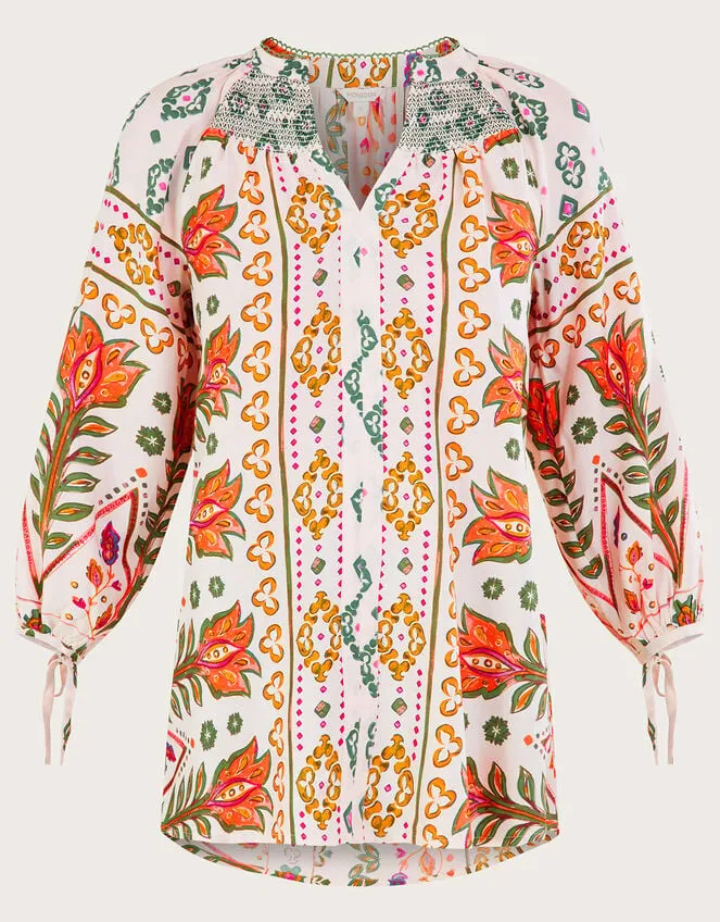 Women Print Shirred Blouse In Lenzing Ecovero Ivory Monsoon Tops and Blouses