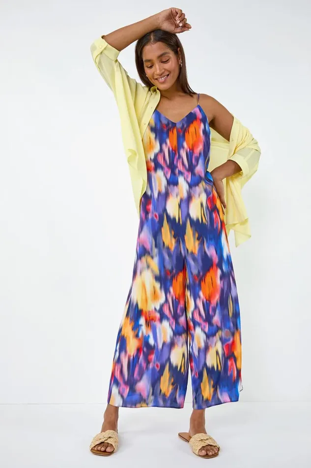Women Purple Abstract Print Cropped Jumpsuit Roman Dresses