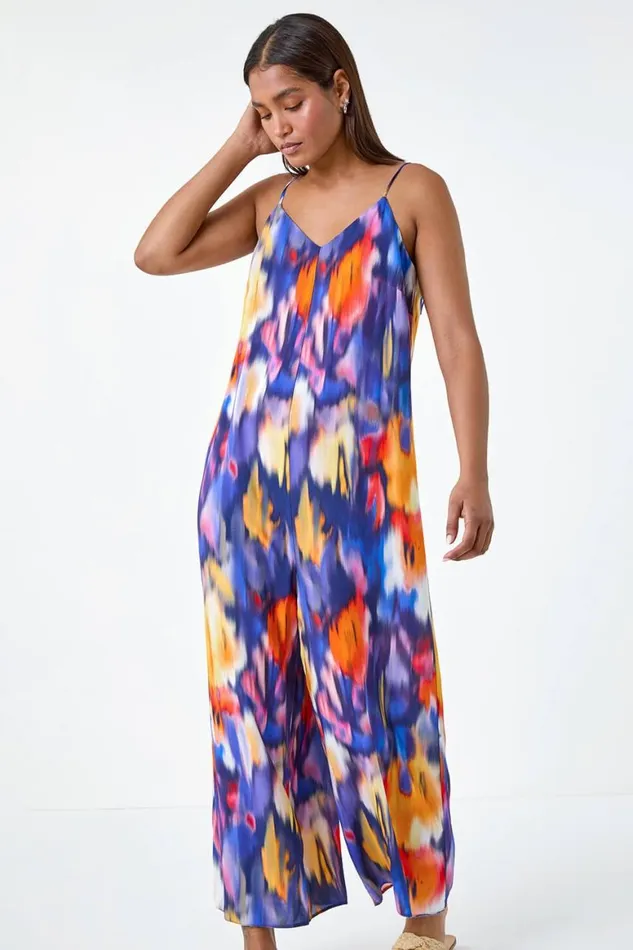 Women Purple Abstract Print Cropped Jumpsuit Roman Dresses