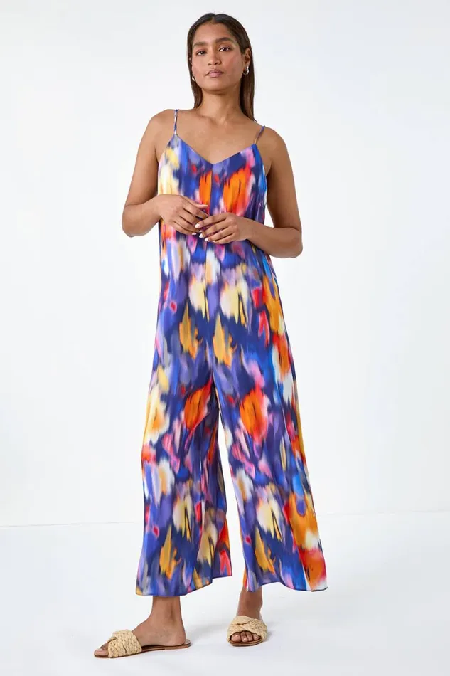 Women Purple Abstract Print Cropped Jumpsuit Roman Dresses