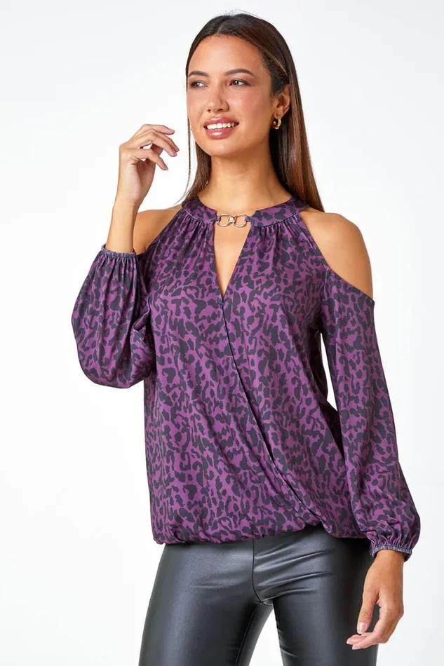 Women Purple Animal Print Cold Shoulder Stretch Top Roman Tops