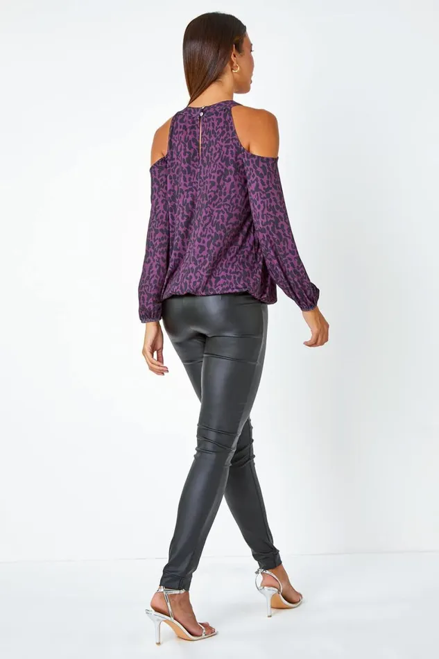 Women Purple Animal Print Cold Shoulder Stretch Top Roman Tops