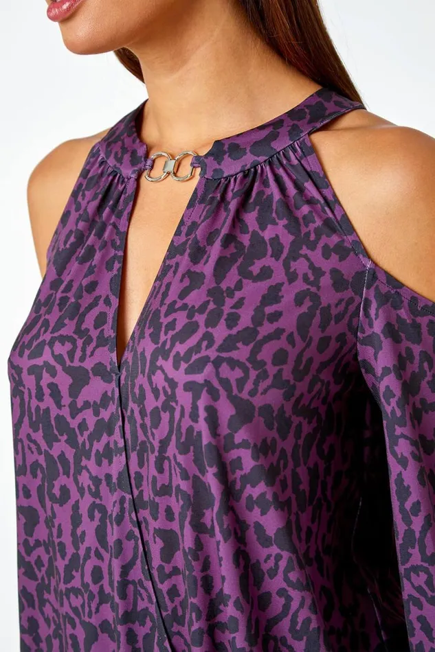 Women Purple Animal Print Cold Shoulder Stretch Top Roman Tops