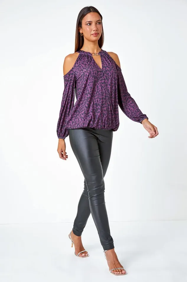Women Purple Animal Print Cold Shoulder Stretch Top Roman Tops