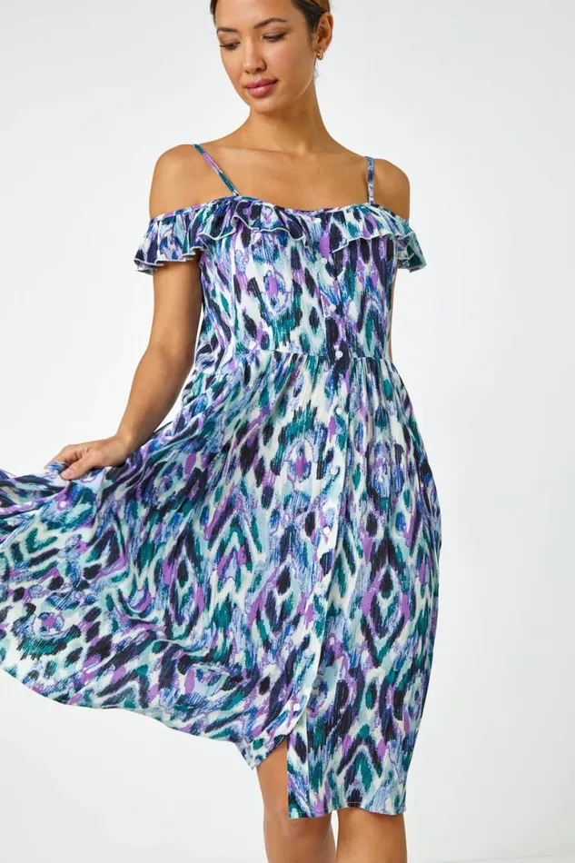 Women Purple Cold Shoulder Printed Midi Dress Roman Dresses