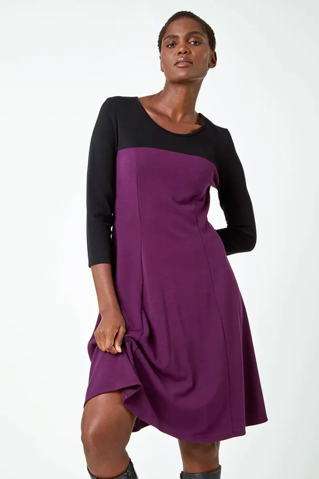 Women Purple Colour Block Skater Stretch Dress Roman Dresses