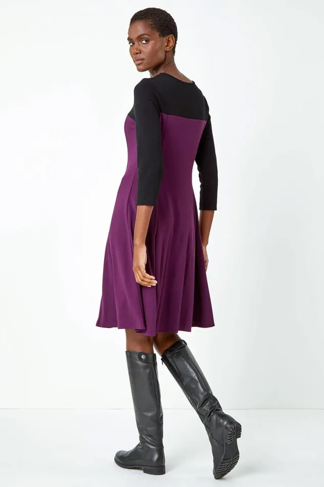 Women Purple Colour Block Skater Stretch Dress Roman Dresses