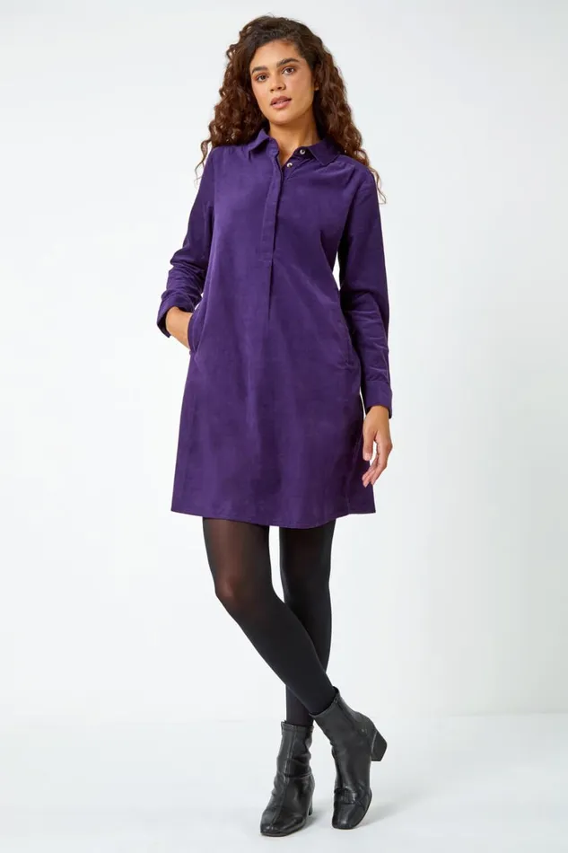 Women Purple Corduroy Tunic Shirt Dress Roman Dresses