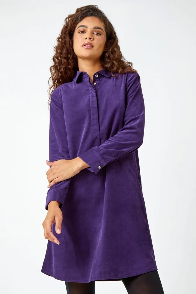 Women Purple Corduroy Tunic Shirt Dress Roman Dresses