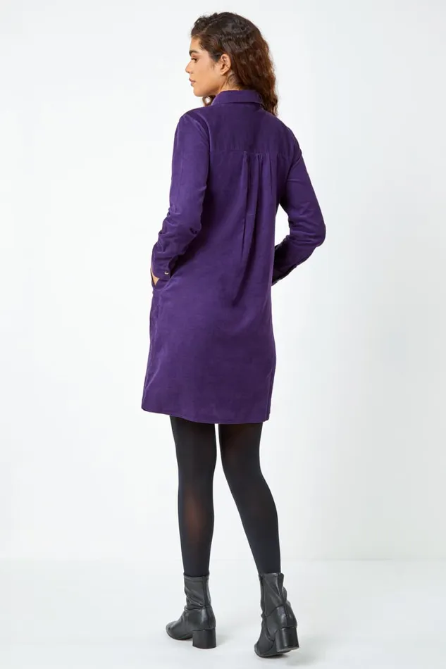 Women Purple Corduroy Tunic Shirt Dress Roman Dresses