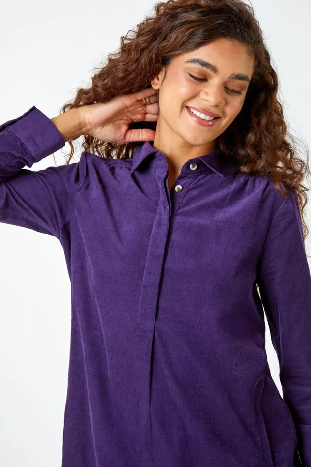Women Purple Corduroy Tunic Shirt Dress Roman Dresses