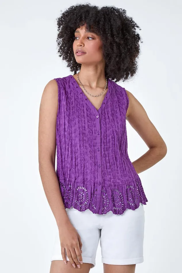 Women Purple Cotton Embroidered Crinkle Blouse Roman Tops