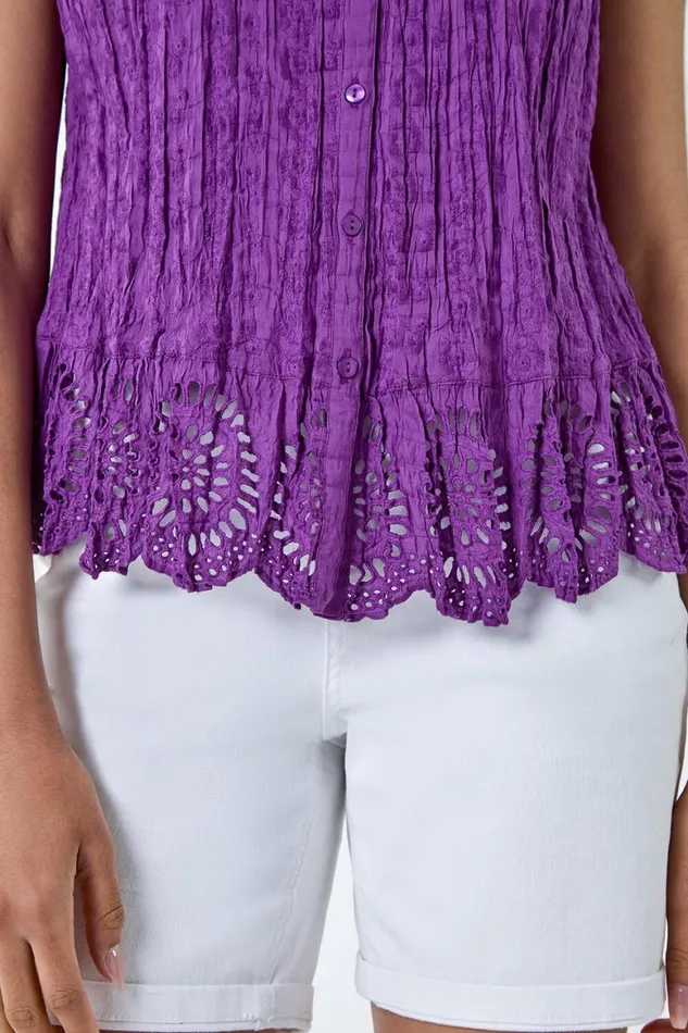 Women Purple Cotton Embroidered Crinkle Blouse Roman Tops