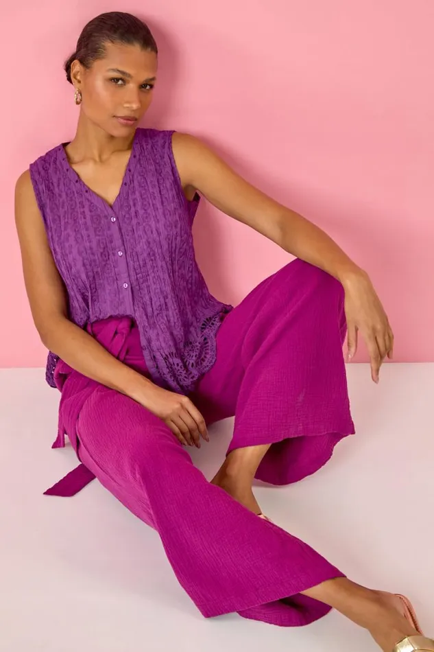 Women Purple Cotton Embroidered Crinkle Blouse Roman Tops