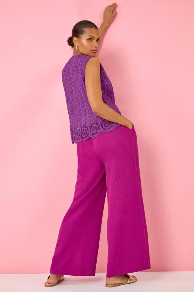 Women Purple Cotton Embroidered Crinkle Blouse Roman Tops