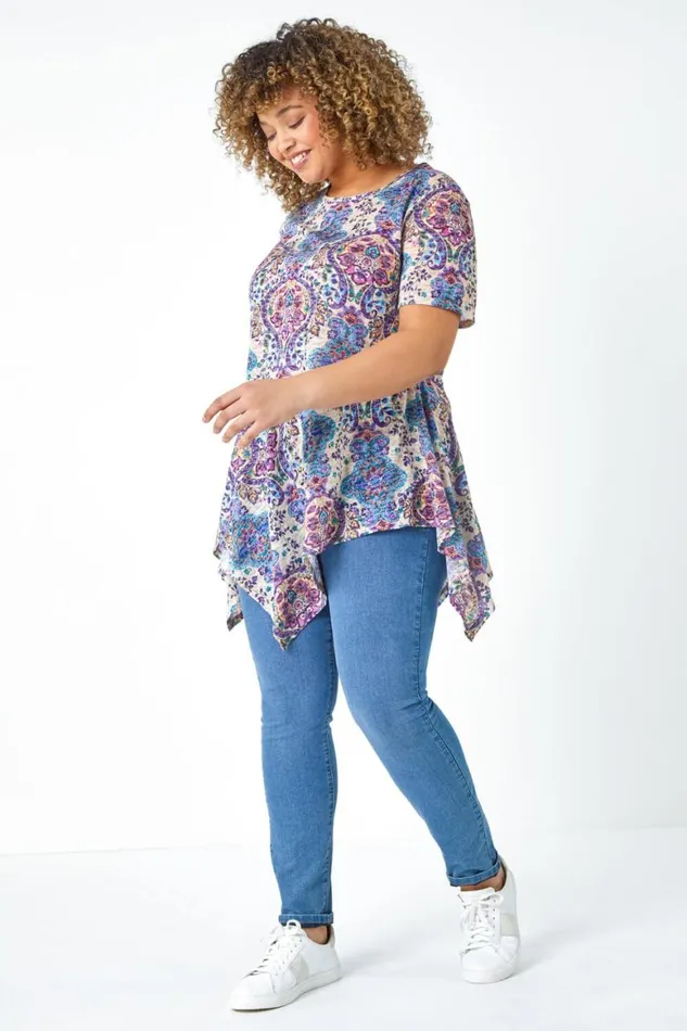 Women Purple Curve Paisley Print Hanky Hem Top Roman Tops