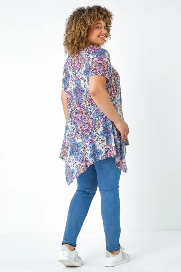 Women Purple Curve Paisley Print Hanky Hem Top Roman Tops
