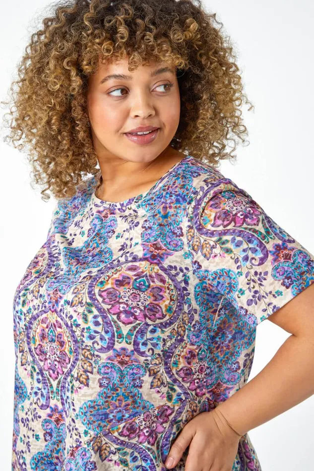 Women Purple Curve Paisley Print Hanky Hem Top Roman Tops