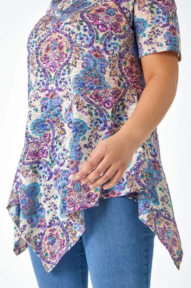 Women Purple Curve Paisley Print Hanky Hem Top Roman Tops