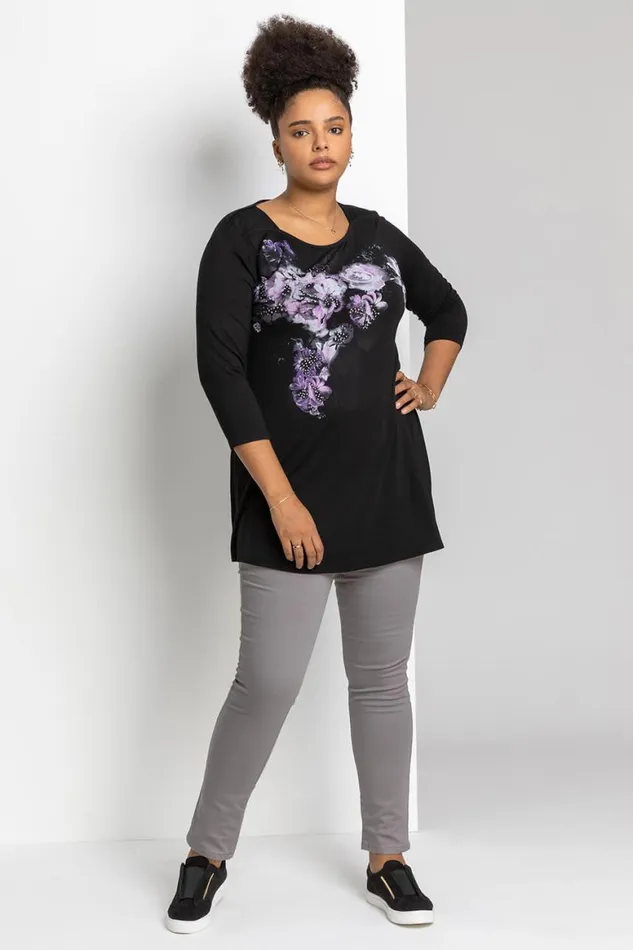 Women Purple Curve Sparkle Embellished Floral Tunic Top Roman Tops