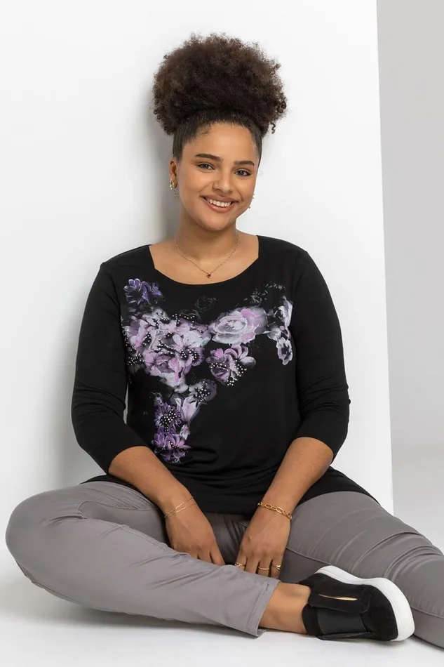 Women Purple Curve Sparkle Embellished Floral Tunic Top Roman Tops
